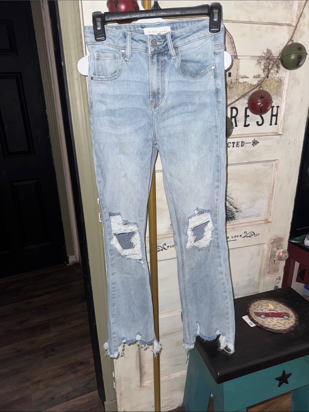 Women's Light Blue Distressed Flare Jeans - Casual Mid-Rise Flared Denim